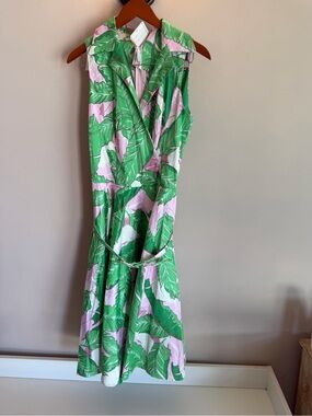 Pinup Couture Tropical Banana Leaf Print Swing Dress Green Pink Large NWT